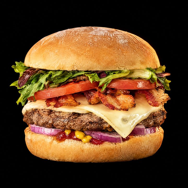 Le burger « Le Stanley » sur fond noir : bacon, fromage blanc fondu, tomates et mesclun
